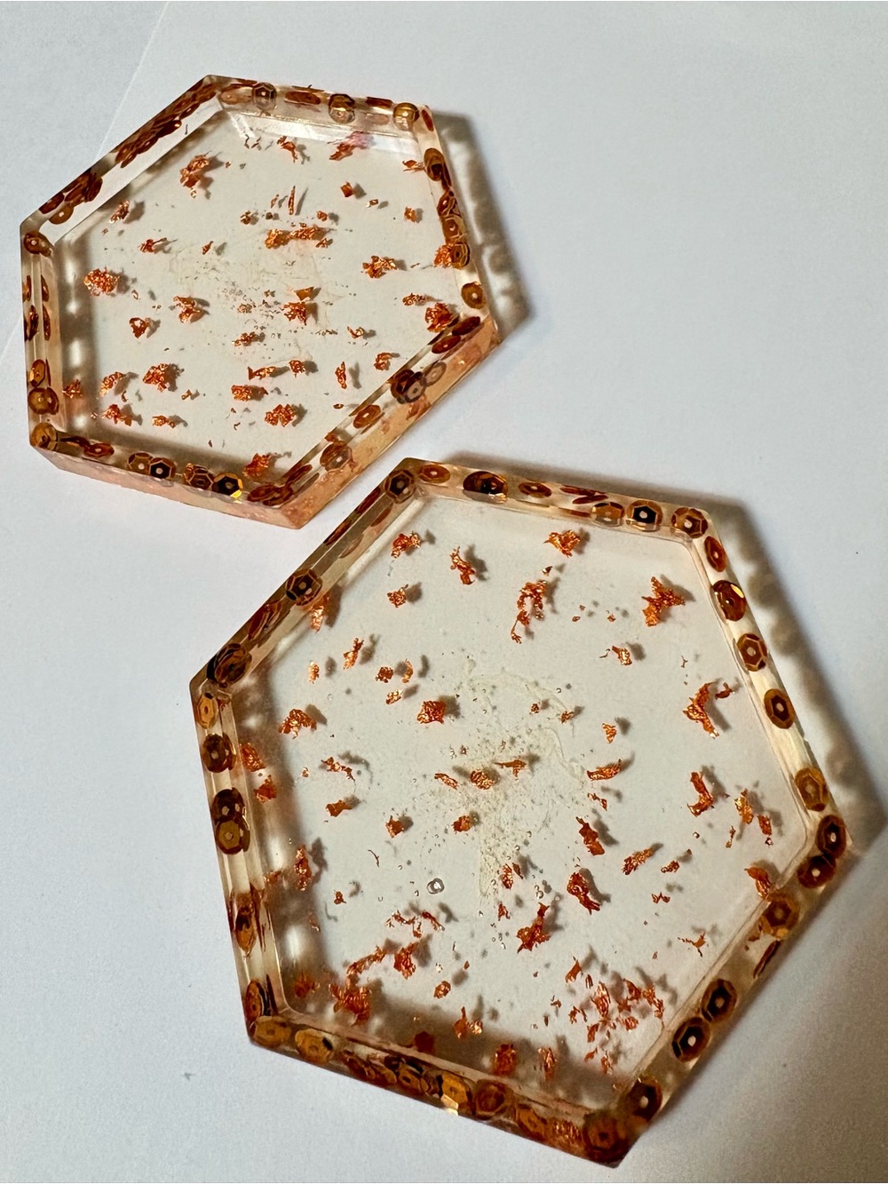 Clear Hex Resin Coasters with Copper Flakes - Set of 2